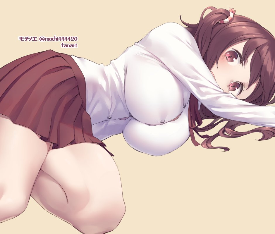 1girl bangs breasts buttons ebina_nana eyebrows_visible_through_hair hair_ribbon himouto!_umaru-chan large_breasts long_hair long_sleeves lying mochi_(mochi444420) neck_ribbon on_side open_mouth pleated_skirt red_eyes red_neckwear redhead ribbon school_uniform signature simple_background skirt solo thighs twintails twitter_username yellow_background