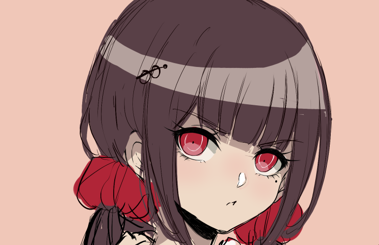 black_hair criis-chan dangan_ronpa flat_color harukawa_maki new_dangan_ronpa_v3 pink_background portrait red_eyes scrunchie sketch work_in_progress