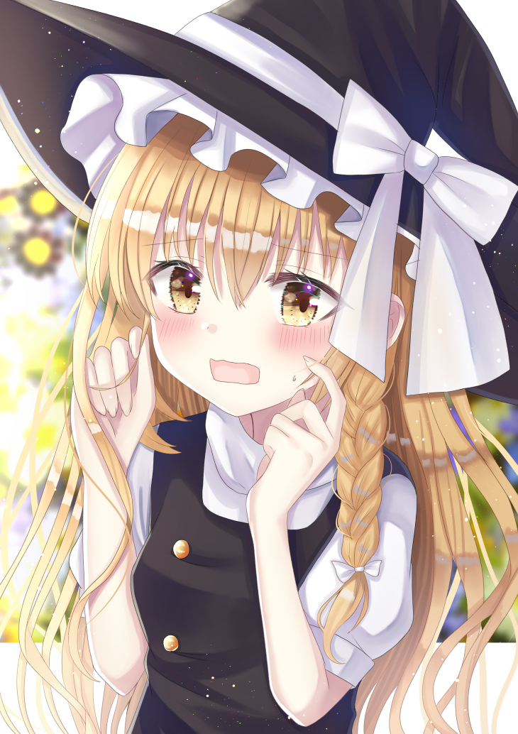 1girl arms_up black_headwear black_vest blonde_hair blurry blurry_background blush braid embarrassed eyebrows_visible_through_hair finger_to_cheek floral_background hair_between_eyes hair_ribbon hat hat_ribbon holding holding_hair kirisame_marisa light_particles long_hair looking_at_viewer nibosi open_mouth puffy_short_sleeves puffy_sleeves rectangular_mouth ribbon shiny shiny_hair shirt short_sleeves single_braid solo standing sweatdrop touhou tress_ribbon upper_body very_long_hair vest wavy_mouth white_shirt witch_hat yellow_eyes