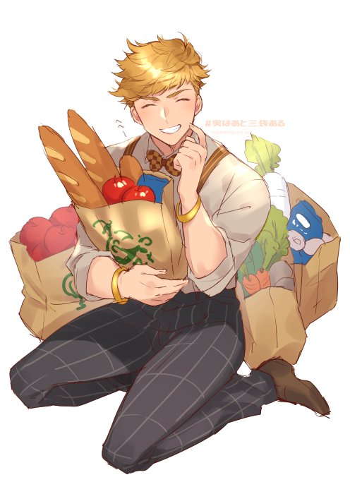 1boy apple bag baguette bangs bara blonde_hair blush bow bowtie bracelet bread carrot chest closed_eyes finger_to_cheek food fruit full_body granblue_fantasy green_eyes higashigunkan holding holding_bag jewelry light male_focus muscle pants shiny shiny_hair shirt shoes shopping_bag sleeves_rolled_up smile solo tight tight_pants toned toned_male translation_request vane_(granblue_fantasy) white_background