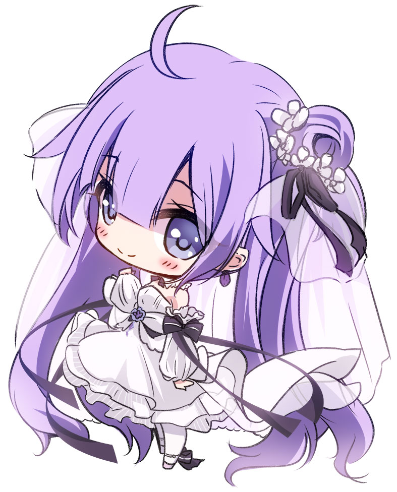 1girl ahoge azur_lane bangs bare_shoulders black_bow black_ribbon blue_eyes blush bow chibi closed_mouth commentary_request detached_sleeves dress eyebrows_visible_through_hair flower full_body hair_between_eyes hair_bun hair_flower hair_ornament hair_ribbon long_hair long_sleeves looking_at_viewer pantyhose puffy_long_sleeves puffy_sleeves purple_hair ribbon see-through side_bun simple_background sleeves_past_wrists smile solo standing strapless strapless_dress sukireto twintails unicorn_(azur_lane) very_long_hair white_background white_dress white_flower white_legwear white_sleeves