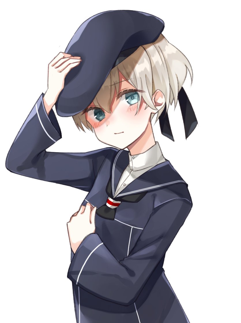 1girl blue_eyes blush clothes_writing dress hat kantai_collection katsuobushi_(eba_games) looking_at_viewer sailor_dress sailor_hat short_hair silver_hair simple_background solo upper_body white_background z1_leberecht_maass_(kantai_collection)