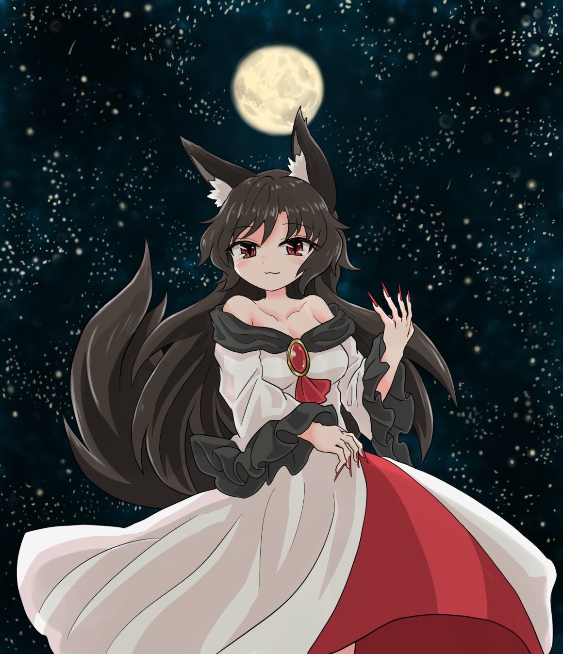 1girl :3 animal_ears black_frills black_hair brooch brown_eyes chups closed_mouth dress eyebrows_visible_through_hair fingernails frilled_dress frilled_sleeves frills highres imaizumi_kagerou jewelry long_fingernails long_hair long_sleeves looking_at_viewer moon night off-shoulder_dress off_shoulder outdoors red_nails solo tail touhou white_dress wide_sleeves wolf_ears wolf_tail