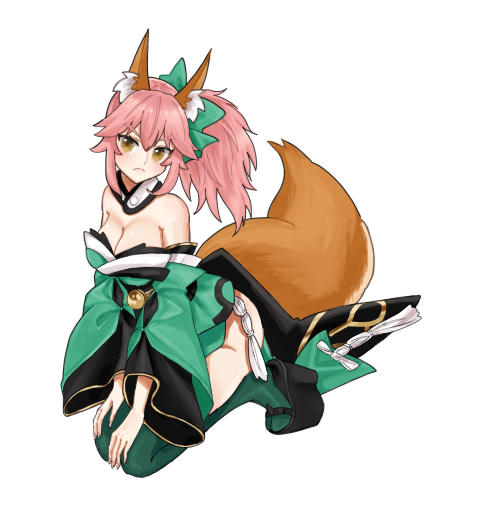 1girl animal_ear_fluff animal_ears bow fate/extra fate/extra_ccc fate_(series) fox_ears fox_girl fox_tail green_bow green_kimono green_legwear hair_bow japanese_clothes kimono long_hair merokonbu0 obi pink_hair sash seiza simple_background sitting solo tail tamamo_(fate)_(all) thigh-highs white_background wide_sleeves yellow_eyes