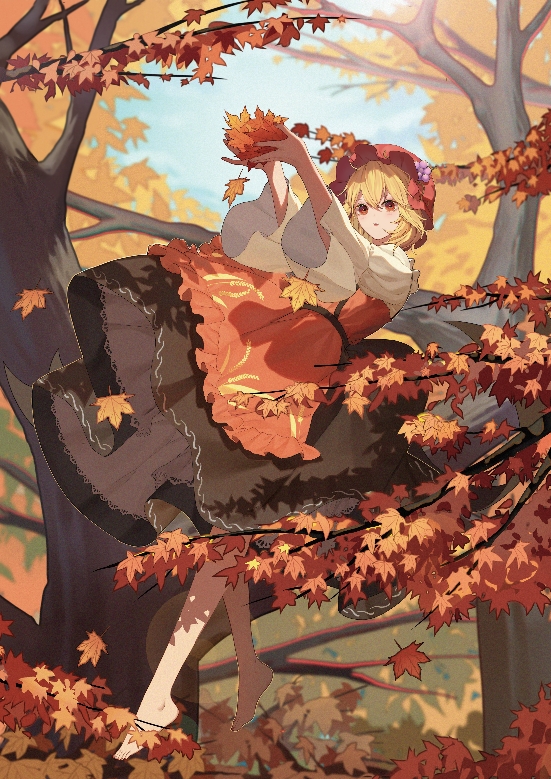 1girl aki_minoriko autumn autumn_leaves bangs barefoot blonde_hair blurry cupping_hands day depth_of_field dress falling_leaves floating food forest fruit grapes hair_ornament hat hat_ornament holding holding_leaf houraisan_chouko in_tree layered_dress leaf leaf_hair_ornament long_sleeves maple_leaf mob_cap nature outstretched_arms red_headwear short_hair sky solo touhou tree tree_shade wide_sleeves