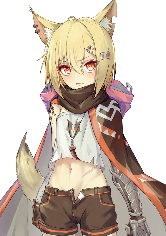 1girl animal_ears arknights bare_shoulders black_shorts blonde_hair cape cowboy_shot crop_top crop_top_overhang earrings fox_ears fox_girl fox_tail frown hair_ornament hairclip jewelry looking_at_viewer midriff navel open_fly orange_eyes ore_lesion_(arknights) prosthesis prosthetic_arm scarf shirt short_hair short_shorts shorts simple_background sleeveless sleeveless_shirt solo standing stomach tail v-shaped_eyebrows vermeil_(arknights) white_background white_shirt yoruhachi