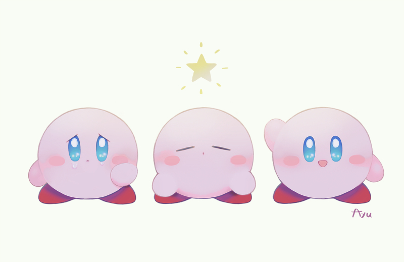 :d ayu_(mog) blue_eyes blush_stickers english_commentary grey_background kirby kirby_(series) looking_at_viewer mixed-language_commentary multiple_views no_humans open_mouth repost_notice signature simple_background smile star_(symbol) tears