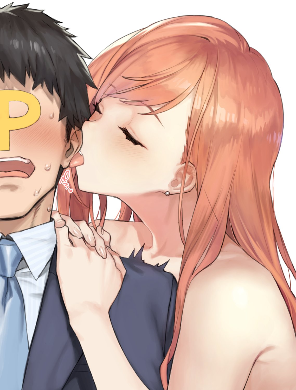 1boy 1girl 92m arisugawa_natsuha bare_shoulders black_hair blush closed_eyes dress_shirt ear_licking ear_piercing formal hands_on_another's_shoulders highres idolmaster idolmaster_shiny_colors licking long_hair necktie open_mouth orange_hair piercing producer_(idolmaster) shirt short_hair simple_background suit surprised sweat topless white_background