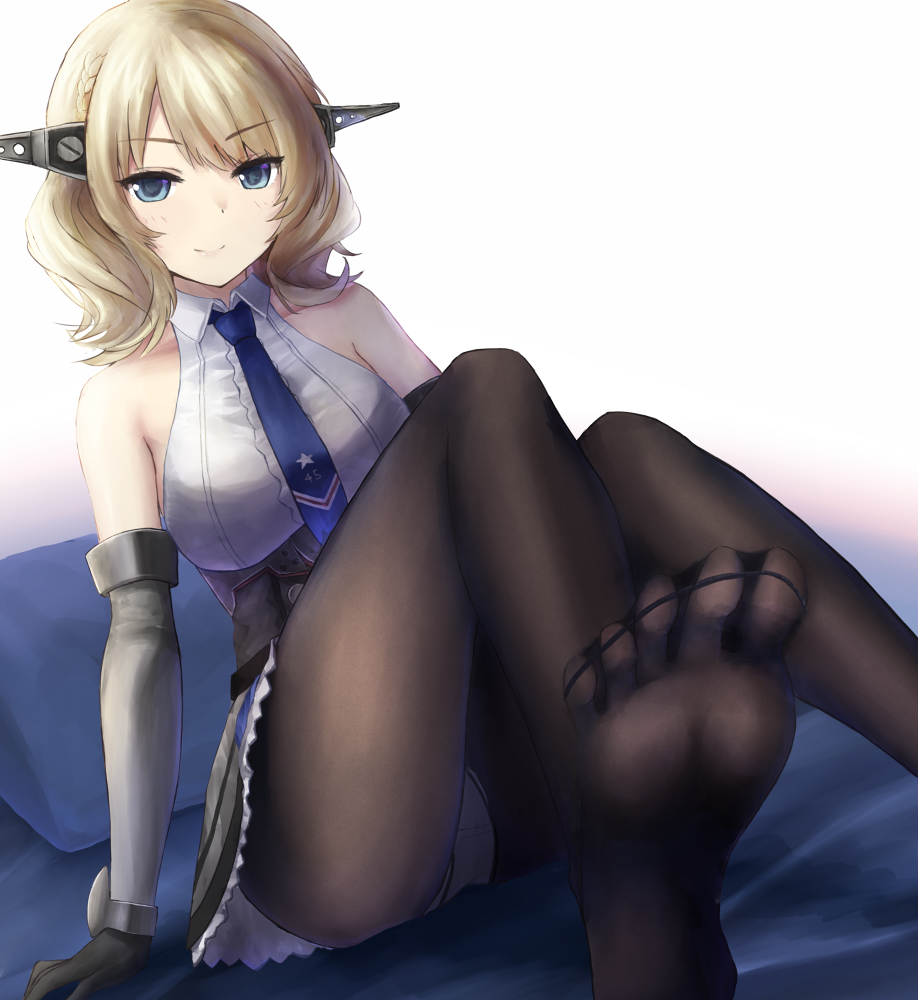 1girl black_gloves black_legwear blonde_hair blue_eyes blue_neckwear breasts colorado_(kantai_collection) dress elbow_gloves eyebrows_visible_through_hair garrison_cap gloves gradient gradient_background grey_dress grey_gloves grey_headwear hair_between_eyes hat headgear kantai_collection large_breasts necktie on_bed pantyhose pillow pleated_dress shirt short_hair side_braids sideboob sitting sleeveless solo white_background white_shirt yotsuya_(gs)