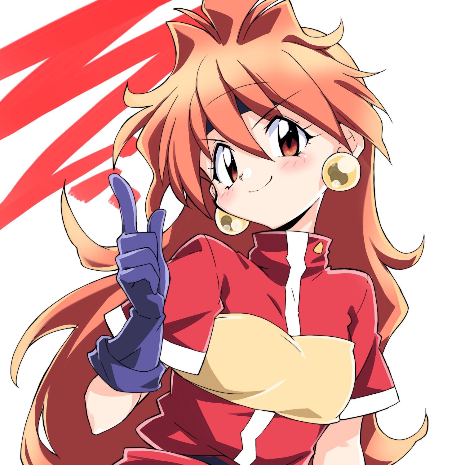 1girl bangs black_gloves black_headband closed_mouth commentary earrings eyebrows_visible_through_hair gloves head_tilt headband highres index_finger_raised jewelry lina_inverse long_hair looking_at_viewer orange_hair red_eyes red_shirt shirt short_sleeves slayers smirk solo take_shinobu upper_body