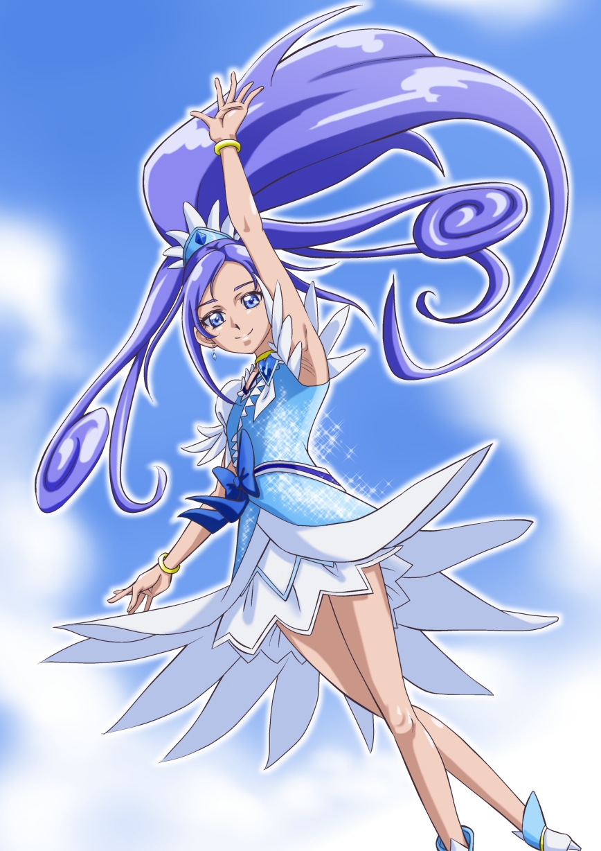 1girl arm_up armpits bangs blue_bow blue_eyes bow bracelet choker closed_mouth cure_diamond dokidoki!_precure floating_hair fresh_precure! highres jewelry layered_skirt long_hair miniskirt parted_bangs peke_(nariyuki_koubou) ponytail precure purple_hair shiny shiny_hair skirt smile solo very_long_hair white_skirt