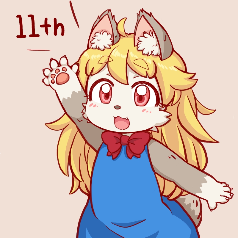 1girl :3 ahoge akuma_gaoru animal_ear_fluff beige_background black_fur blonde_hair blue_dress blush bow claws commentary_request cowboy_shot dress eyebrows_visible_through_hair fangs furry futaba_channel long_hair open_mouth pawpads red_bow red_eyes simple_background solo tail two-tone_fur uzumi white_fur