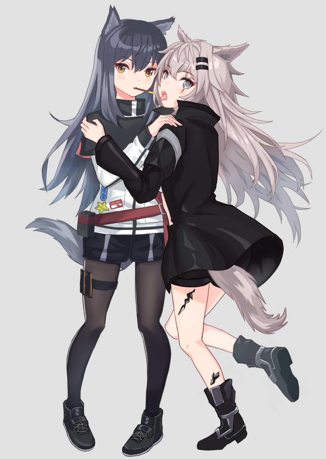 2girls animal_ear_fluff animal_ears arknights bangs bare_legs belt black_capelet black_footwear black_hair black_jacket black_legwear black_shorts blush boots brown_eyes capelet commentary_request eyebrows_visible_through_hair food food_in_mouth full_body grey_background grey_eyes hair_between_eyes hair_ornament hairclip hand_on_another's_shoulder highres jacket lappland_(arknights) long_hair long_sleeves looking_at_viewer mouth_hold multiple_girls ore_lesion_(arknights) oritonagi pantyhose pocky pouch red_belt scar scar_across_eye shoes short_shorts shorts silver_hair simple_background standing tail texas_(arknights) thigh_strap thighs white_jacket wolf_ears wolf_tail yuri