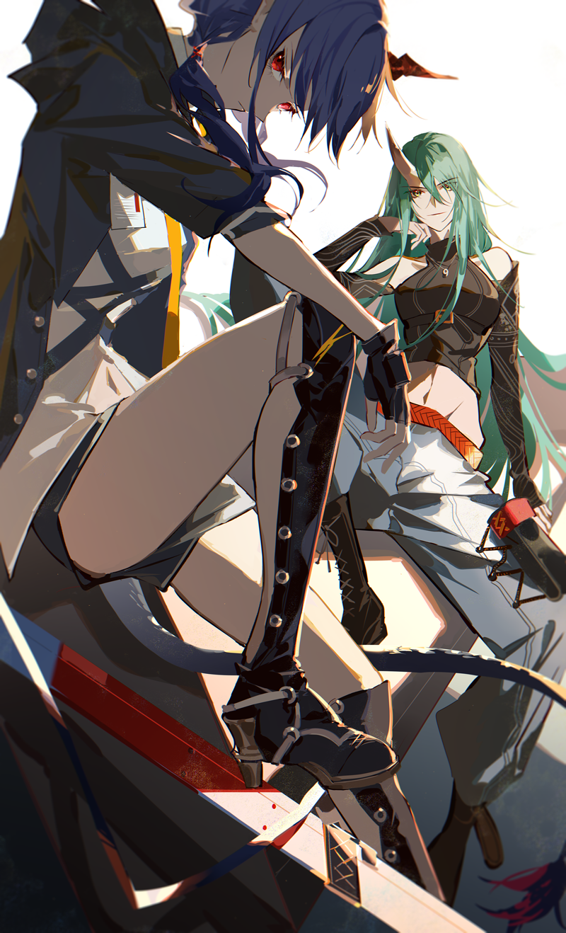 2girls arknights bangs bare_shoulders black_shirt black_shorts blue_hair blue_pants boots ch'en_(arknights) closed_mouth dragon_horns dragon_tail fingerless_gloves gloves green_eyes green_hair hair_between_eyes high_heel_boots high_heels highres horns hoshiguma_(arknights) long_hair low_tied_hair midriff multicolored_neckwear multiple_girls navel neckwear oni_horn oni_horns pants red_eyes satsuya shirt short_shorts shorts sidelocks sitting tail thighs yellow_neckwear