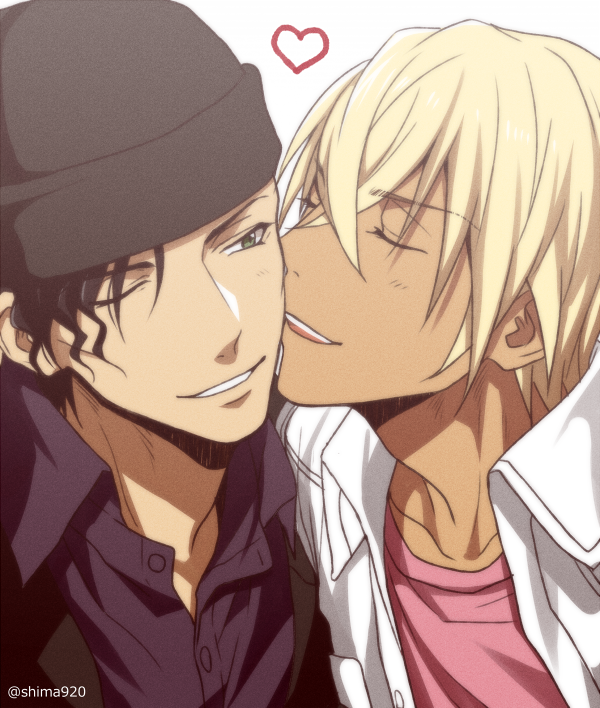 2boys ;) akai_shuuichi amuro_tooru beanie black_hair black_headwear black_jacket black_shirt blonde_hair casual closed_eyes collared_shirt commentary_request couple dark_skin dark_skinned_male eyebrows_visible_through_hair green_eyes hair_between_eyes hat heart jacket kiss male_focus mashima_shima meitantei_conan multiple_boys one_eye_closed open_mouth pink_shirt shirt simple_background smile twitter_username upper_body upper_teeth white_background white_jacket yaoi