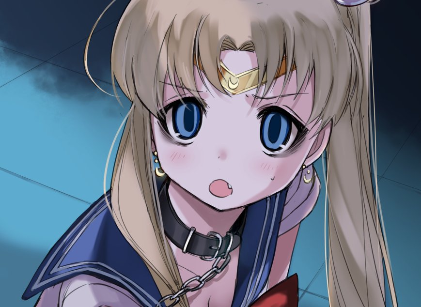 1girl bags_under_eyes bangs bishoujo_senshi_sailor_moon blonde_hair blue_eyes chain collar crescent derivative_work earrings eyebrows_visible_through_hair fang jewelry meme ompf open_mouth sailor_collar sailor_moon sailor_moon_redraw_challenge sailor_senshi_uniform screencap_redraw solo tsukino_usagi twintails