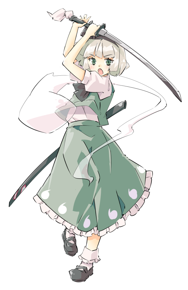 1girl arms_up arnest black_footwear black_hairband black_neckwear black_ribbon blush bobby_socks commentary frilled_skirt frills full_body green_eyes green_skirt green_vest hair_ribbon hairband holding holding_sword holding_weapon katana konpaku_youmu konpaku_youmu_(ghost) looking_at_viewer mary_janes open_mouth ribbon shoes short_hair short_sleeves silver_hair simple_background skirt socks solo sword tassel touhou vest weapon white_background white_legwear