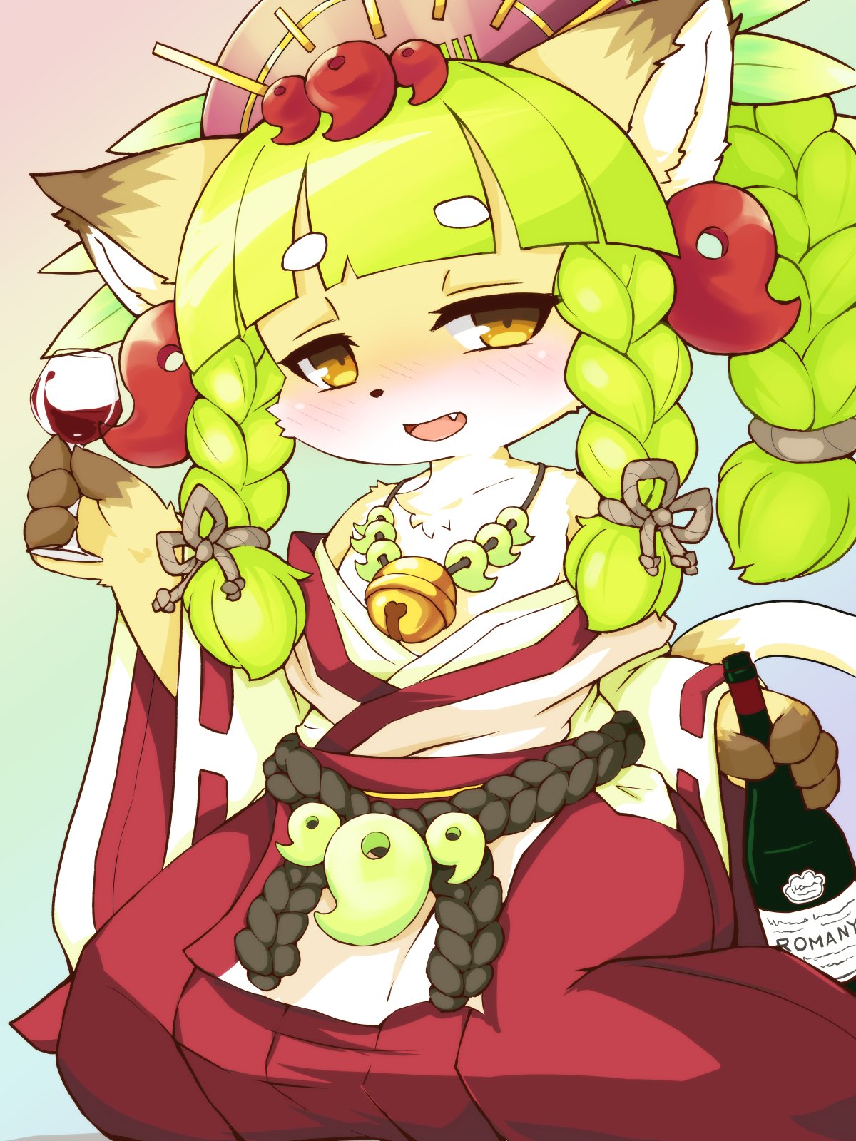 1girl alcohol animal_ears blush bottle cat cat_ears cat_girl cat_tail commentary_request cup drunk eyebrows_visible_through_hair fang fullbokko_heroes green_hair hakama highres holding holding_bottle holding_cup japanese_clothes kushinada_(fullbokko_heroes) long_hair multicolored multicolored_background open_mouth red_hakama ribbon-trimmed_sleeves ribbon_trim simple_background sitting solo tail takeshi-kemo two-tone_fur white_fur wide_sleeves wine yellow_eyes yellow_fur