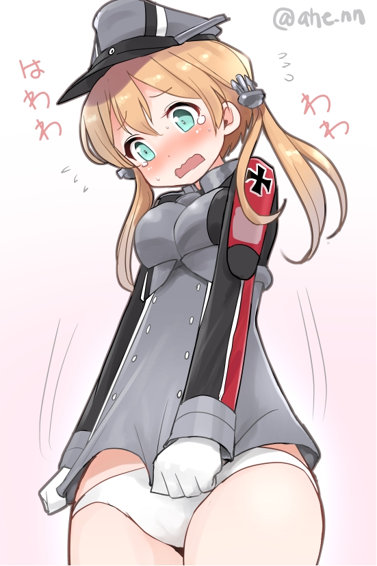 1girl ahenn anchor anchor_hair_ornament aqua_eyes blonde_hair blush commentary_request covering embarrassed gloves hair_ornament kantai_collection long_hair long_sleeves low_twintails military military_uniform no_pants panties prinz_eugen_(kantai_collection) solo tears twintails twitter_username underwear uniform wavy_mouth white_gloves