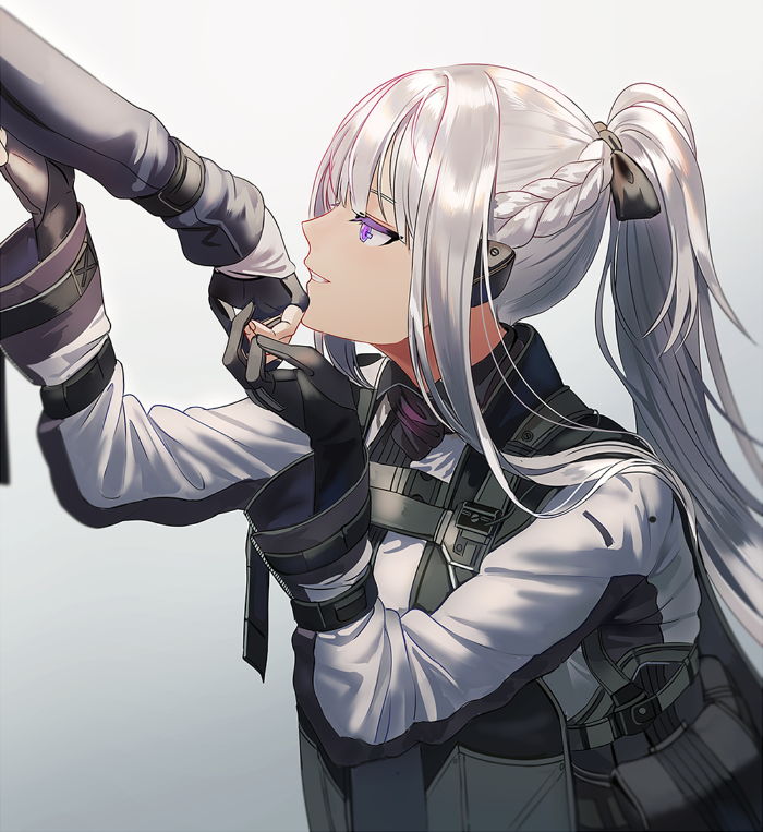 1girl ak-12_(girls_frontline) black_gloves braid commentary_request french_braid from_side girls_frontline gloves gradient gradient_background grey_background grin hair_ribbon high_ponytail holding_another's_arm long_hair long_sleeves out_of_frame parted_lips partly_fingerless_gloves ribbon sidelocks silence_girl silver_hair smile tactical_clothes violet_eyes