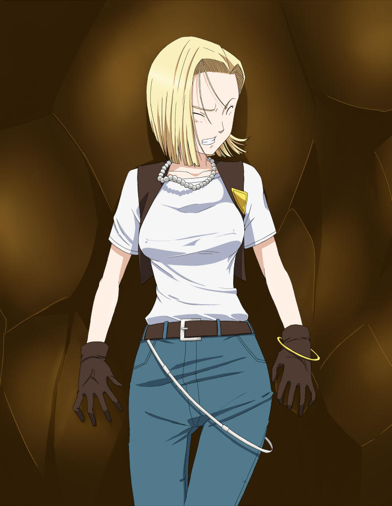 1girl android_18 breasts dragon_ball dragon_ball_z ribonzu short_hair solo