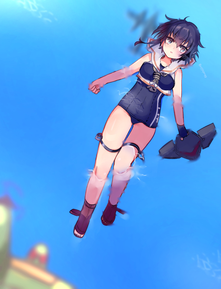 1girl afloat aircraft airplane asymmetrical_hair black_hair black_swimsuit boots breasts brown_eyes brown_neckwear c6n_saiun floating framed_breasts from_above gloves hair_between_eyes hat headgear_removed headphones high_heel_boots high_heels i-14_(kantai_collection) kantai_collection lips looking_up lying glasses_poni neckerchief ocean open_toe_shoes outdoors partially_submerged partly_fingerless_gloves ripples sailor_collar school_swimsuit shirt short_hair single_glove small_breasts swimming swimsuit water wet