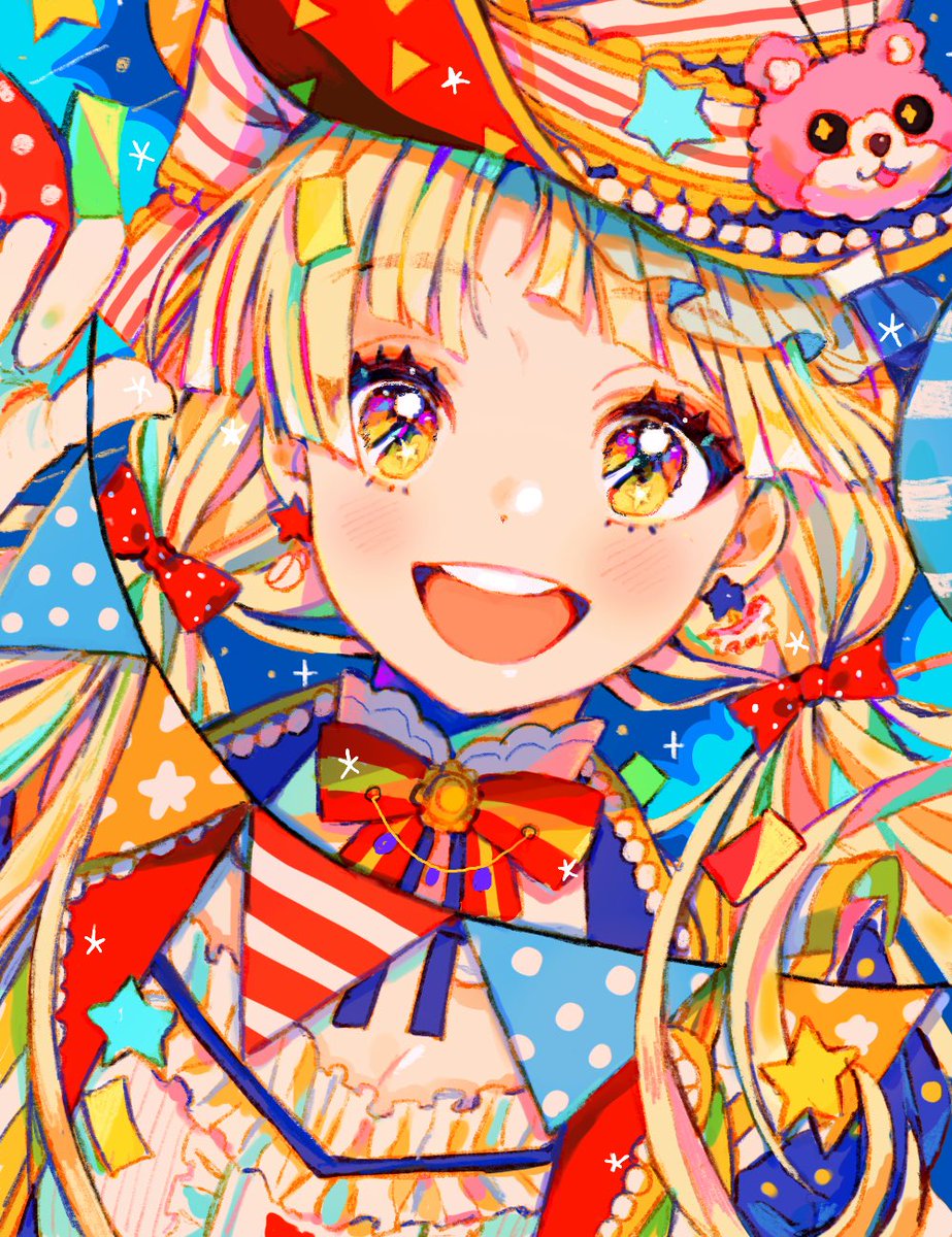 1girl 43_pon :d bang_dream! bangs blonde_hair bow bowtie colorful commentary earrings eyebrows_visible_through_hair frills hair_bow hat highres holding jacket jewelry long_hair looking_at_viewer mismatched_earrings open_mouth pennant polka_dot polka_dot_bow red_bow smile solo string_of_flags tsurumaki_kokoro twintails upper_body yellow_eyes