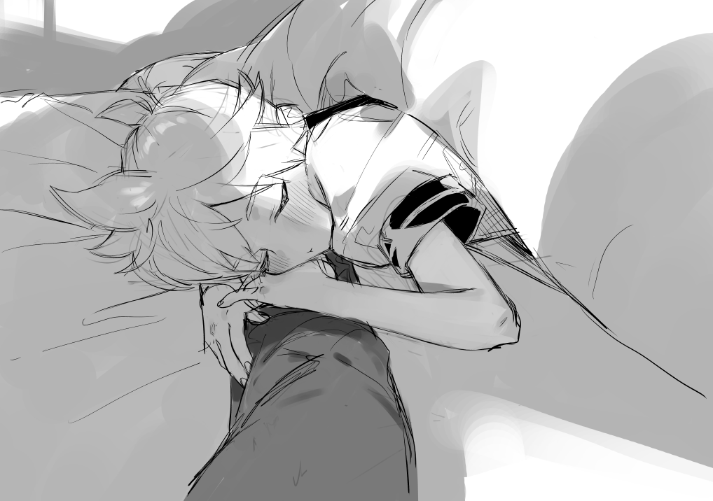 1boy arm_grab blush closed_eyes greyscale kagamine_len monochrome pov sleeping solo_focus under_covers vocaloid