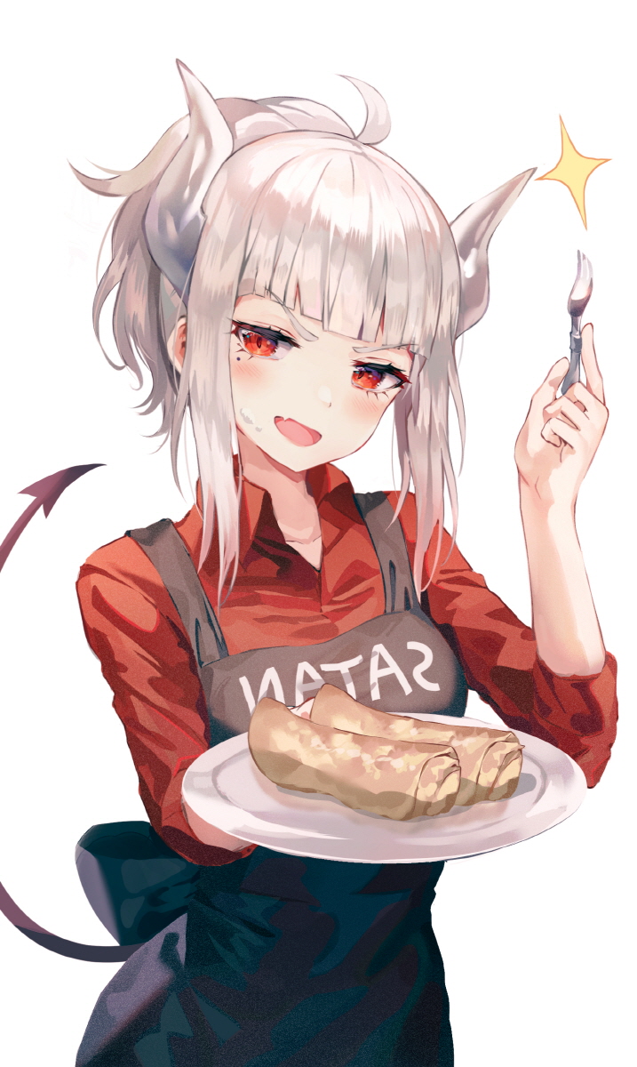 1girl :d ahoge apron clothes_writing collared_shirt cream cream_on_face demon_girl demon_horns demon_tail fang food food_on_face fork helltaker highres holding horns huwali_(dnwls3010) long_hair looking_at_viewer lucifer_(helltaker) mole mole_under_eye open_mouth pancake plate ponytail red_eyes red_shirt shirt sidelocks silver_hair simple_background smile solo sparkle tail tail_raised upper_body v-shaped_eyebrows white_background