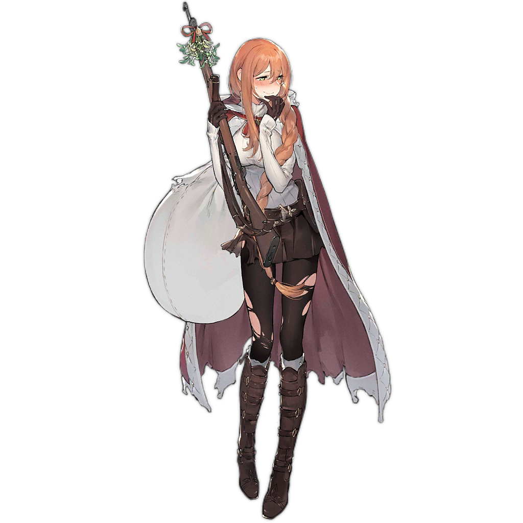 1girl alternate_costume asymmetrical_hair blush boots braid breasts cape duoyuanjun embarrassed full_body girls_frontline gloves green_eyes gun hair_between_eyes hair_ornament hair_over_shoulder large_breasts long_hair m1903_springfield m1903_springfield_(girls_frontline) official_art orange_hair pantyhose simple_background single_braid smile solo sweatdrop torn_clothes torn_legwear transparent_background weapon