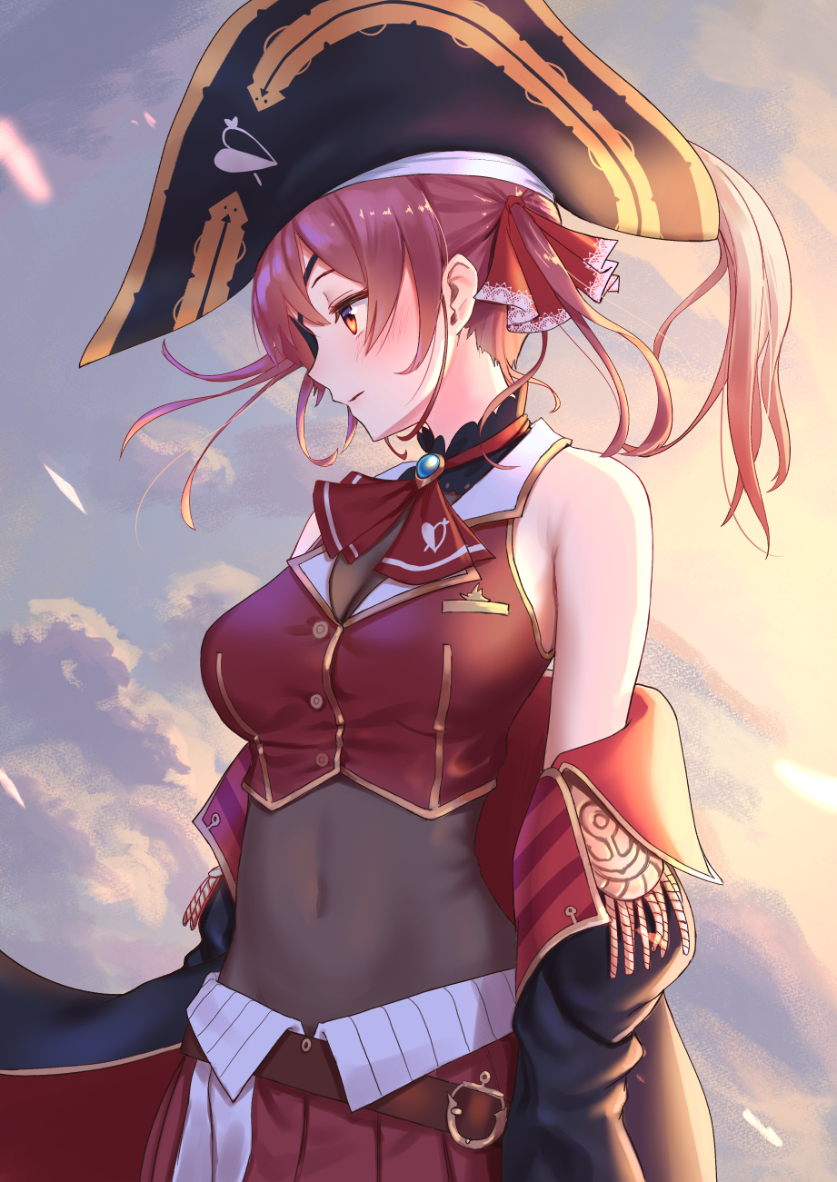 1girl bare_shoulders black_coat black_headwear bodysuit breasts brooch coat covered_navel crop_top eyepatch gold_trim hair_ribbon hat highres hololive houshou_marine jewelry large_breasts long_hair looking_away off_shoulder open_clothes open_coat pirate pirate_hat pleated_skirt profile red_eyes red_neckwear red_shirt red_skirt redhead ribbon roke_(taikodon) shirt skirt sleeveless sleeveless_shirt solo twintails upper_body virtual_youtuber wing_collar