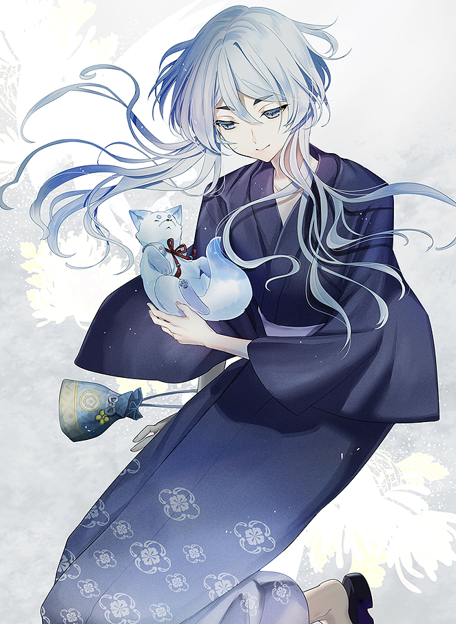 1boy blue_eyes fox hakusan_yoshimitsu hakusan_yoshimitsu's_fox houhou_(black_lack) japanese_clothes kimono male_focus sandals short_hair_with_long_locks smile touken_ranbu white_hair yukata