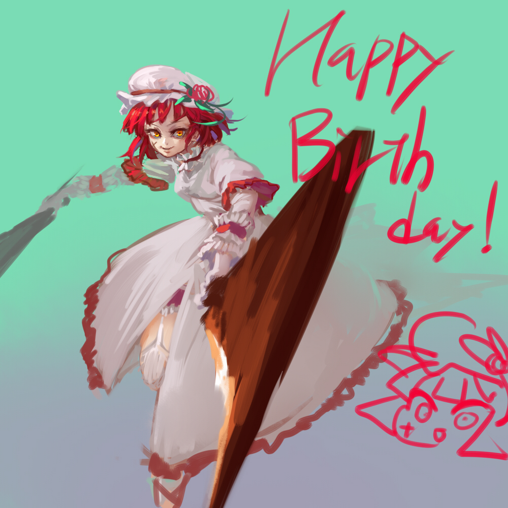 1girl bad_anatomy bad_leg blue_background copyright_request dress dual_wielding english_text facial_scar flower garter_straps happy_birthday hat hat_flower holding holding_sword holding_weapon incoming_attack inishie_kumo long_dress long_sleeves looking_at_viewer orange_eyes red_flower red_rose redhead rose scar scar_on_cheek short_hair smile solo sword weapon white_dress white_headwear