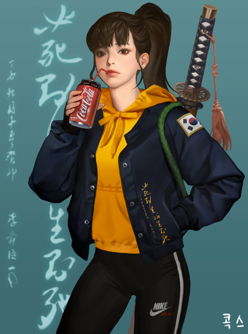 1girl aqua_background artist_name bangs black_eyes black_hair blue_jacket blunt_bangs can casual coca-cola contemporary drinking drinking_straw english_commentary genderswap genderswap_(mtf) green_rope hand_in_pocket high_ponytail hilt holding holding_can holding_drink hood hood_down jacket kogseu korean_text lips lipstick looking_at_viewer makeup nike open_clothes open_jacket over_shoulder pants partially_translated patch ponytail real_life rope sheath sidelocks signature solo south_korean_flag standing sword sword_over_shoulder track_pants translation_request weapon weapon_over_shoulder yellow_hoodie yi_sun-sin