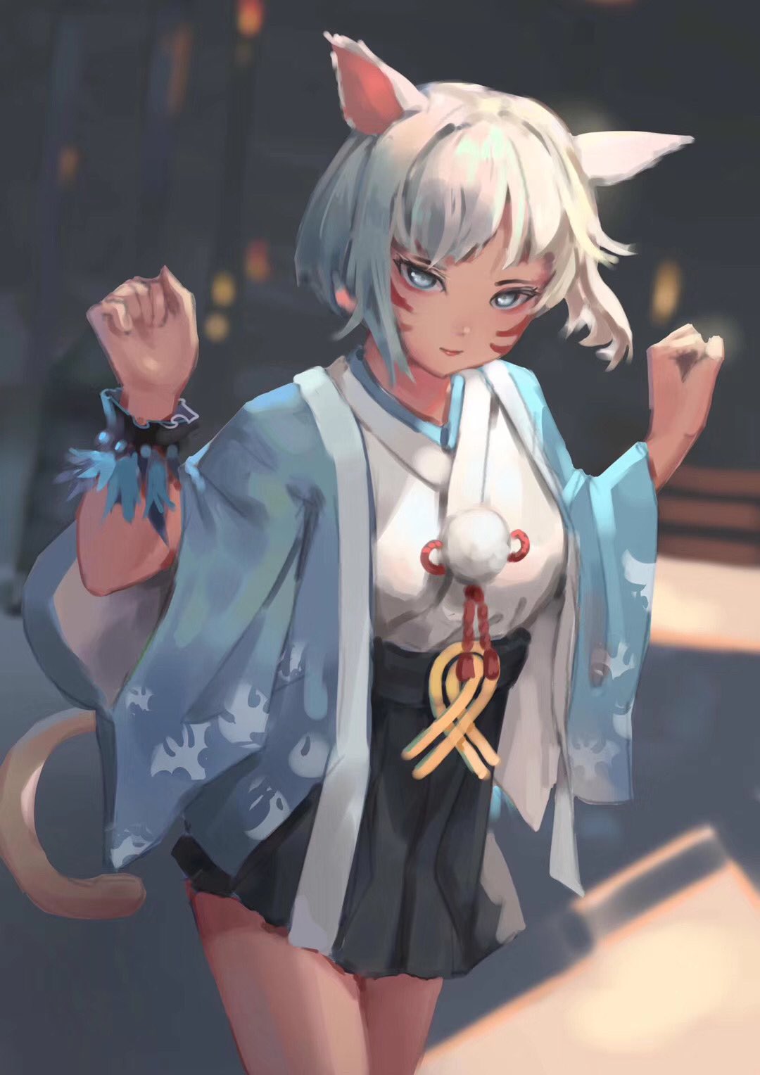 1girl animal_ears blue_eyes blurry blurry_background cat_ears cat_tail closed_mouth facial_mark final_fantasy final_fantasy_xiv highres japanese_clothes kenpenghaoxuan miqo'te red_lips short_hair smile solo tail white_hair