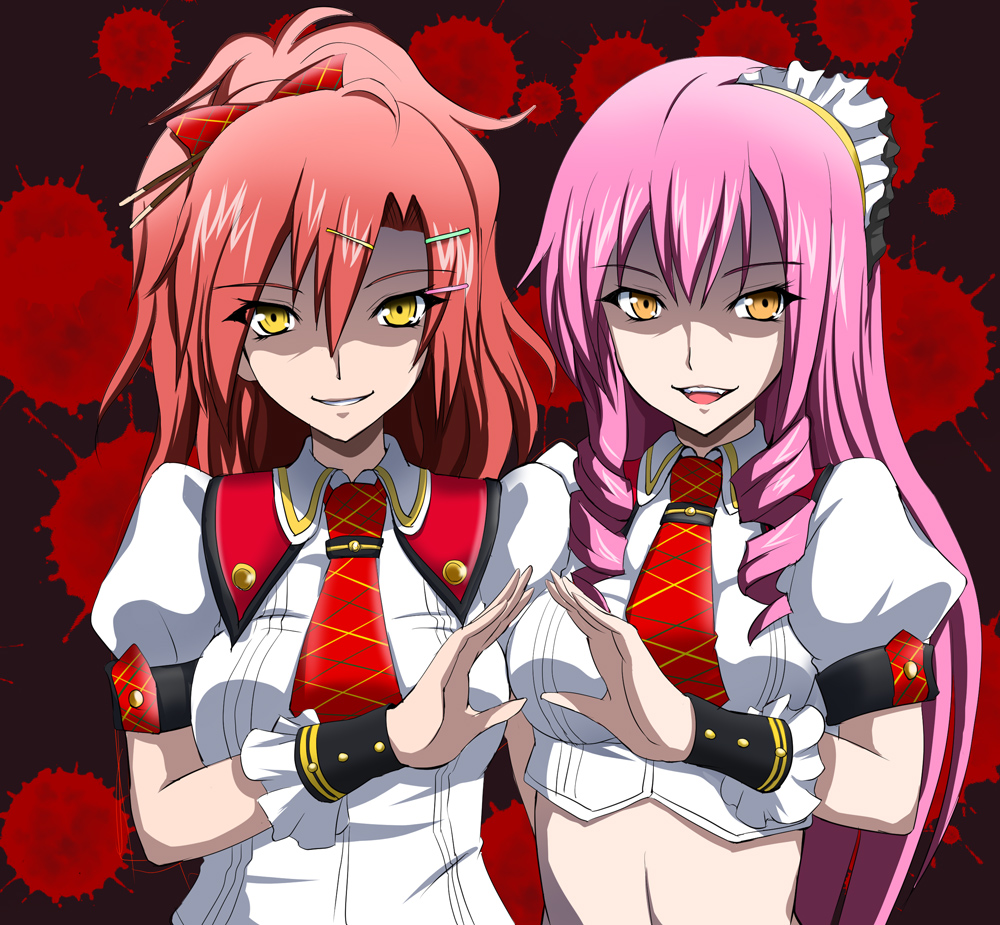 2girls akuma_no_riddle bangs bow brown_eyes c-wing collared_shirt crop_top drill_hair eyebrows_visible_through_hair grin hair_between_eyes hair_bow hair_ornament hairclip inukai_isuke long_hair looking_at_viewer midriff multiple_girls necktie open_mouth pink_hair ponytail red_bow red_neckwear redhead sagae_haruki shiny shiny_hair shirt short_sleeves smile stomach tied_hair twin_drills upper_body very_long_hair white_shirt wing_collar wrist_cuffs yellow_eyes