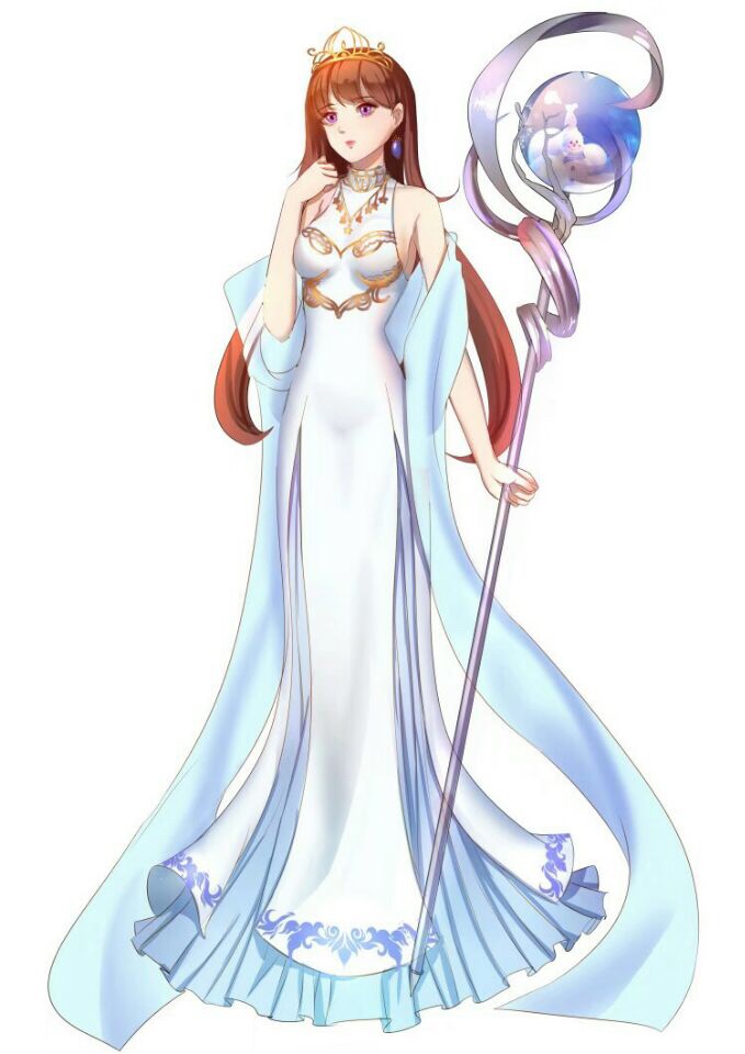 1girl blue_earrings breasts brown_hair dress full_body grace1314 hand_up holding holding_staff original princess small_breasts staff standing tiara violet_eyes white_background white_dress