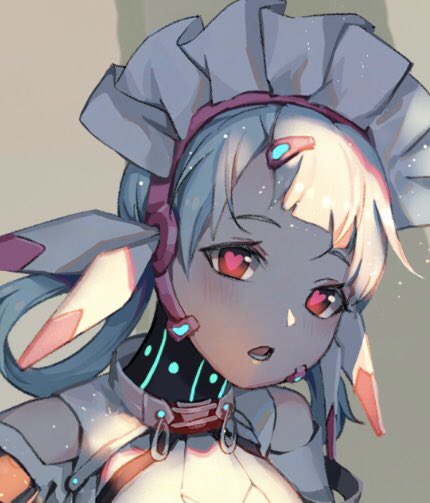 1girl android blush face frills heart heart-shaped_pupils kenpenghaoxuan long_hair lower_teeth maid_headdress open_mouth original shoulder_cutout solo symbol-shaped_pupils teeth upper_body white_hair