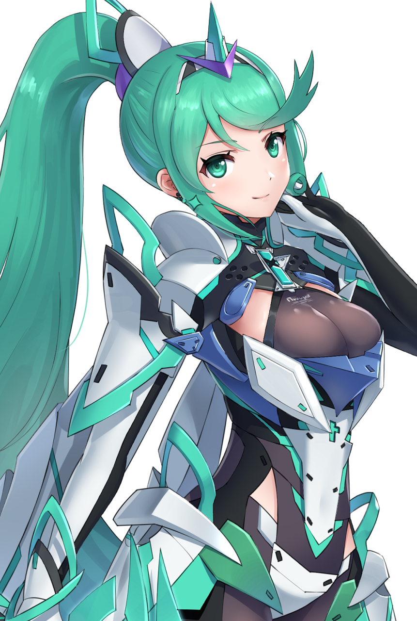 1girl armor bangs breasts cowboy_shot earrings gloves gonzarez green_eyes green_hair hair_ornament headpiece highres jewelry long_hair long_ponytail looking_at_viewer pneuma_(xenoblade) ponytail simple_background smile solo swept_bangs tiara white_background xenoblade_(series) xenoblade_2