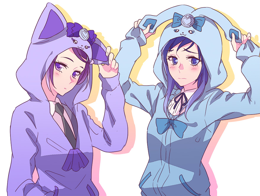 2girls animal_ears arm_up arms_up bangs black_neckwear blue_bow blue_eyes blue_hair blue_ribbon blush bow cat_ears closed_mouth collared_shirt cosplay davi_(dokidoki!_precure) davi_(dokidoki!_precure)_(cosplay) dokidoki!_precure embarrassed fake_animal_ears hand_in_pocket hishikawa_rikka hood hooded_sweater kenzaki_makoto kigurumi long_hair looking_at_viewer multiple_girls neck_ribbon necktie negom precure purple_hair purple_sweater rabbit_ears rakeru_(dokidoki!_precure) rakeru_(dokidoki!_precure)_(cosplay) ribbon shirt short_hair simple_background standing sweater swept_bangs upper_body violet_eyes white_background white_shirt wing_collar