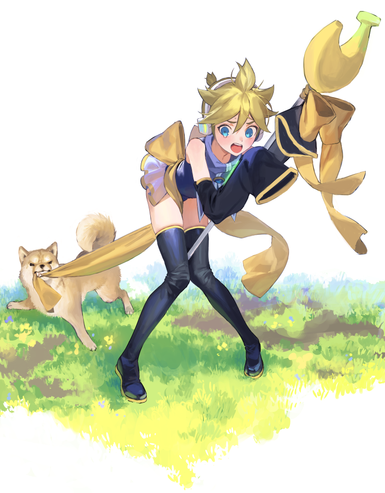 1boy banana biting biting_clothes blush boots dog food fruit full_body headset kagamine_len magical_girl mouth_hold naoko_(naonocoto) open_mouth shiba_inu sleeves_past_wrists tears thigh-highs thigh_boots vocaloid