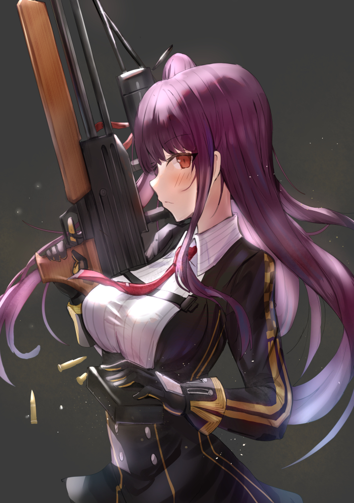 1girl bangs black_dress black_gloves blunt_bangs blush breasts bullpup cartridge checkered closed_mouth dress eyebrows_visible_through_hair girls_frontline gloves gradient gradient_background grey_background gun holding holding_gun holding_weapon large_breasts long_hair long_sleeves looking_at_viewer looking_to_the_side necktie one_side_up purple_hair qian_wu_atai red_eyes red_neckwear rifle sideways_glance sniper_rifle solo trigger_discipline underbust very_long_hair wa2000_(girls_frontline) walther walther_wa_2000 weapon