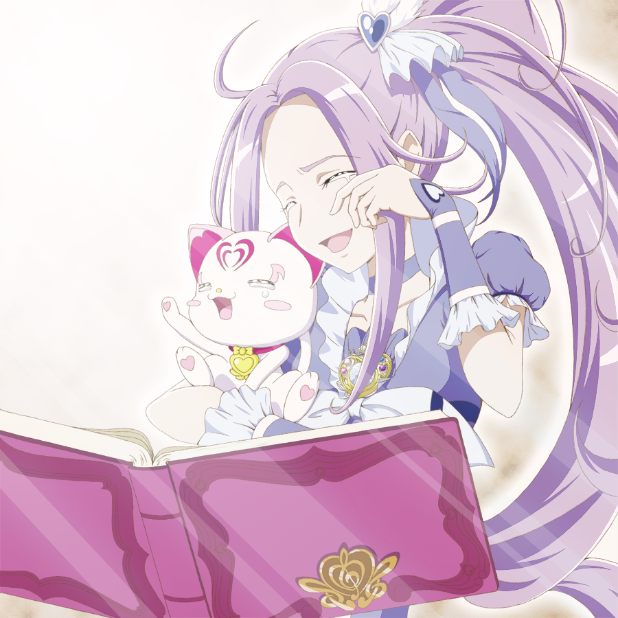 1girl :d ahoge animal book cat choker closed_eyes collarbone crying cure_beat hair_intakes hair_ornament heart heart_hair_ornament holding holding_animal hummy_(suite_precure) long_hair official_style open_book open_mouth precure purple_hair shin_(irowanioedo) shiny shiny_hair short_sleeves side_ponytail simple_background smile solo suite_precure sunlight tears upper_body very_long_hair white_background