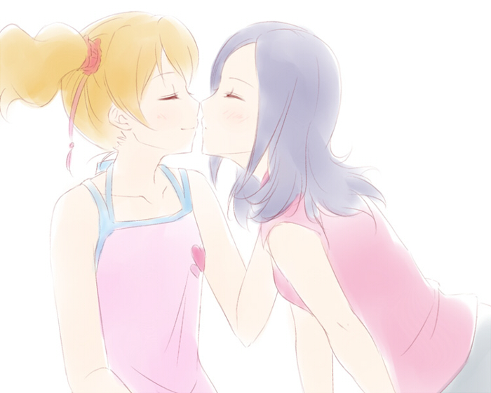 2girls blonde_hair blue_hair blue_ribbon closed_eyes closed_mouth collarbone fresh_precure! higashi_setsuna imminent_kiss kotobuki_oto long_hair momozono_love multiple_girls pink_shirt precure red_shirt ribbon shirt simple_background sketch sleeveless sleeveless_shirt smile upper_body white_background yuri