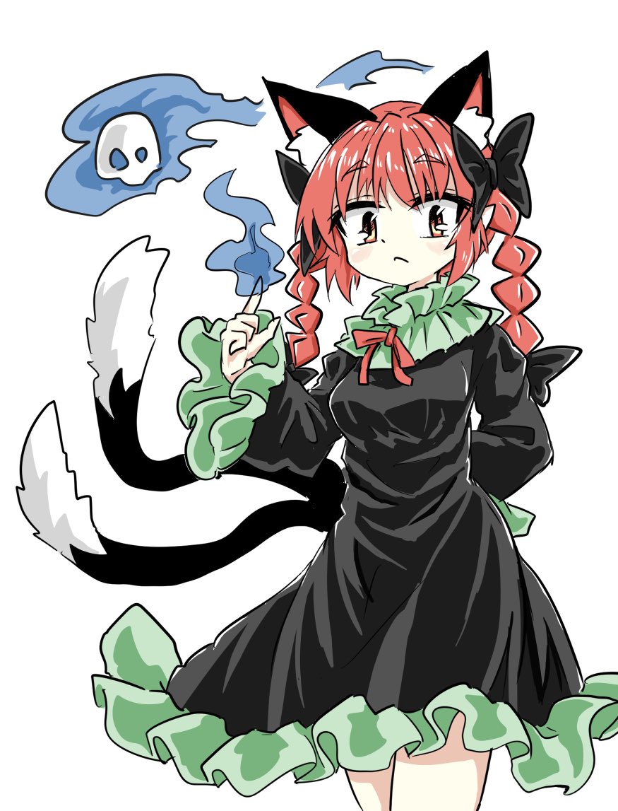 animal_ears black_bow black_dress bow braid cat_ears cat_girl cat_tail chups closed_mouth cowboy_shot dress extra_ears eyebrows_visible_through_hair fire frilled_dress frilled_sleeves frills green_frills hitodama kaenbyou_rin looking_at_viewer multiple_tails pyrokinesis red_eyes red_neckwear redhead tail touhou twin_braids two_tails white_background