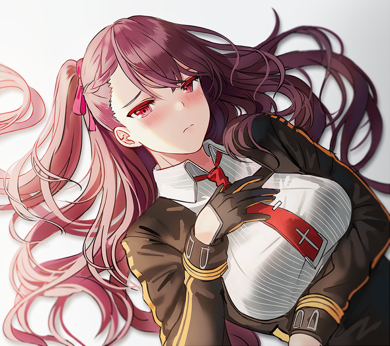 1girl bangs black_gloves blush breasts closed_mouth commentary_request framed_breasts girls_frontline gloves grey_background hair_ribbon hand_on_own_chest long_hair long_sleeves medium_breasts necktie one_side_up purple_hair red_eyes red_neckwear ribbon silence_girl simple_background solo upper_body wa2000_(girls_frontline)