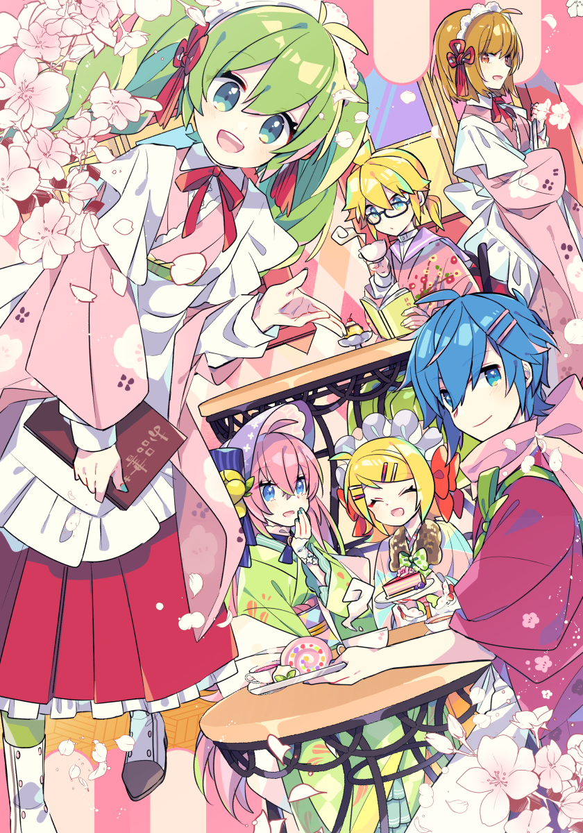 2boys 4girls :d ahoge apron aqua_eyes aqua_nails argyle argyle_background bangs blonde_hair blue_eyes blue_hair bonnet book boots bow bowtie brown_hair cake cherry_blossoms closed_eyes closed_mouth covering_mouth cup dutch_angle floral_print flower food frilled_skirt frills glasses green_bow green_hair green_kimono green_neckwear hair_bow hair_ornament hairclip hand_over_own_mouth hatsune_miku headdress highres holding holding_book holding_cup holding_plate japanese_clothes kagamine_len kagamine_rin kaito kimono long_hair long_sleeves looking_at_viewer maid_headdress megurine_luka meiko menu multiple_boys multiple_girls neck_ribbon open_mouth orange_eyes petals pink_flower pink_hair pink_kimono pink_sailor_collar pink_scarf plate pudding reading red_bow red_ribbon red_skirt ribbon sailor_collar scarf shirt short_hair skirt smile standing swiss_roll symbol_commentary table tasuki teacup tray twintails very_long_hair vocaloid wa_maid white_apron white_footwear white_shirt wrist_cuffs yoshiki