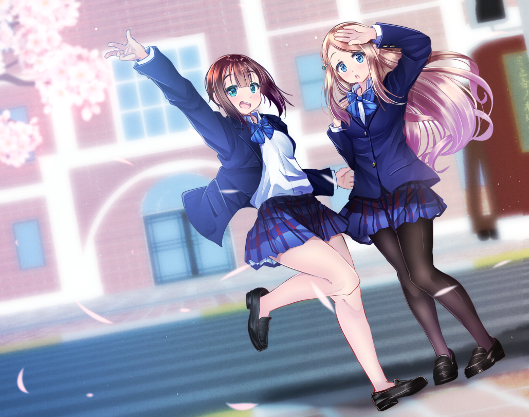 2girls :d arm_up ayase_arisa bangs black_footwear black_legwear blazer blue_bow blue_eyes blue_jacket blue_skirt blurry blurry_background blush bow breasts brick_wall brown_hair building collared_shirt commentary_request day depth_of_field diagonal_stripes eyebrows_visible_through_hair flower jacket kousaka_yukiho light_brown_hair loafers long_hair long_sleeves love_live! love_live!_school_idol_project mad_(hazukiken) multiple_girls no_socks open_blazer open_clothes open_jacket open_mouth outdoors pantyhose parted_lips pink_flower plaid plaid_skirt pleated_skirt school_uniform shirt shoes skirt small_breasts smile stairs standing standing_on_one_leg striped striped_bow swept_bangs tree_branch very_long_hair white_shirt window