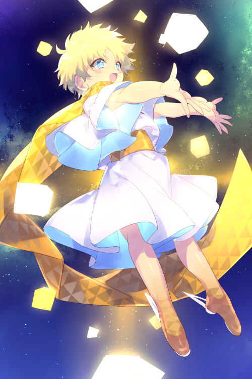 1boy baggy_clothes bangs blonde_hair blue_eyes blush bright_pupils cis05 cube fate/grand_order fate/requiem fate_(series) floating full_body glowing male_focus open_mouth parted_bangs scarf short_sleeves sky smile solo space star_(sky) starry_background starry_sky voyager_(fate/requiem) yellow_scarf