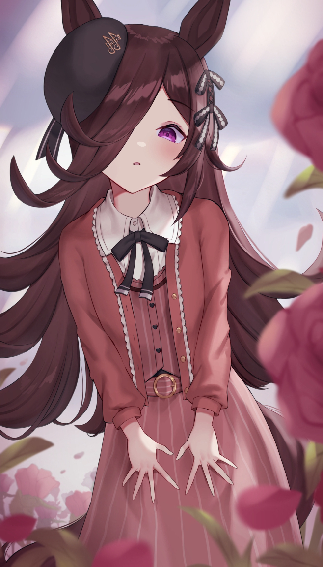 1girl :o akatsuki_(pixiv23539542) animal_ears belt belt_buckle beret black_bow black_headwear blurry blurry_foreground bow brown_hair buckle buttons commentary_request cowboy_shot eyebrows_visible_through_hair flower foliage hair_bow hands hat heart_button horse_ears horse_girl long_hair looking_at_viewer mixed-language_commentary one_eye_covered open_mouth outdoors outstretched_arms petals pink_belt pink_shirt pink_skirt redhead rice_shower_(umamusume) rose rose_petals shiny shiny_hair shirt skirt solo standing tareme tilted_headwear umamusume very_long_hair violet_eyes white_background